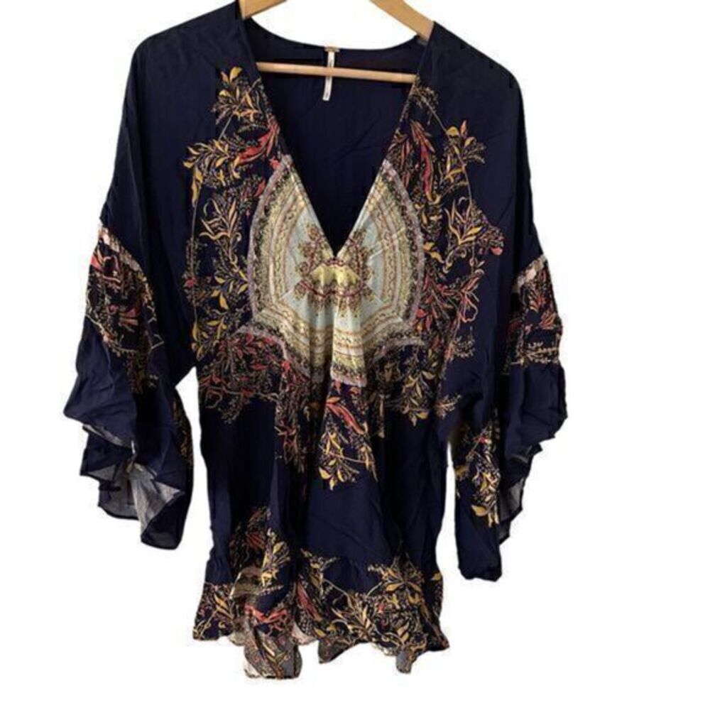 Free People Blue Sunset Dreams‎ Ruffled Peasant Boho Rayon Tunic Blouse Size S